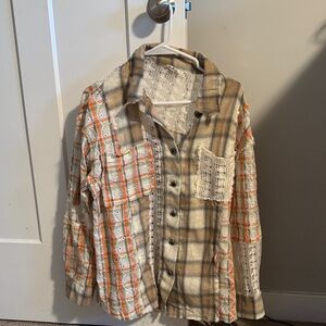 POL Plaid Button-Down Shirt with Orange Eyelet Lace Panels